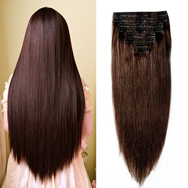 

double weft clip in remy human hair extensions 14''-24''150g 8pcs 18clips #2 dark brown full head thick long soft silky, Black
