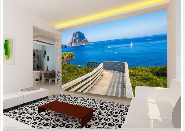 

popular wood plank island sea view 3d tv backdrop wall mural 3d wallpaper 3d wall papers for tv backdrop