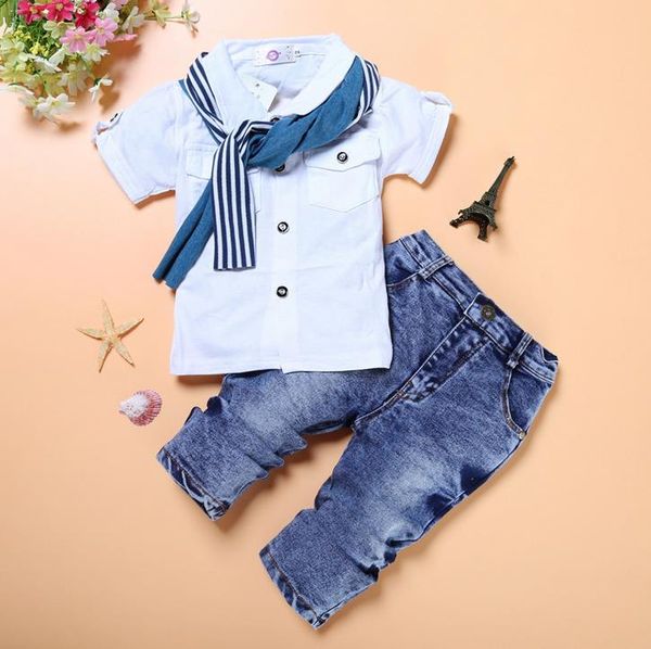 

summer boys clothing sets toddlers baby boy clothes casual t-shirt +scarf+jeans 3pcs outfits children kids costume suit 3148, White