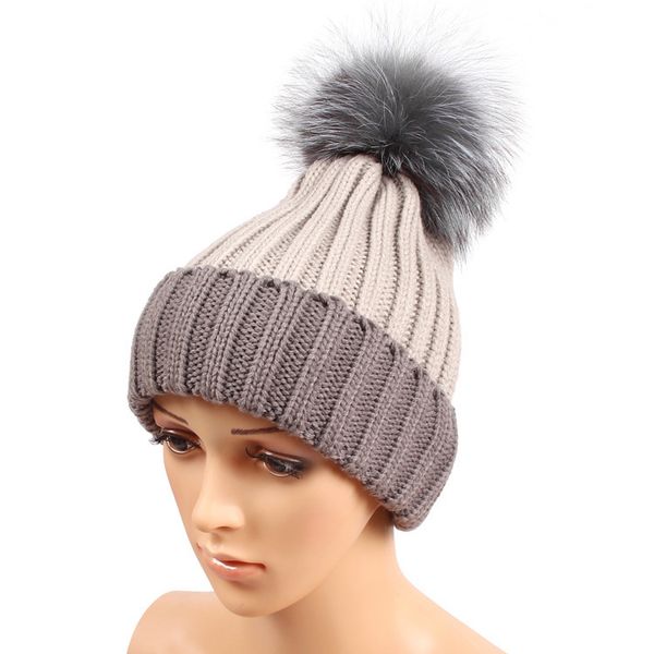 

зимняя мода шапочка классический плотно трикотажные серый лисий мех pom poms hat женщины cap зимняя шапочка головной убор головной убор head, Blue;gray