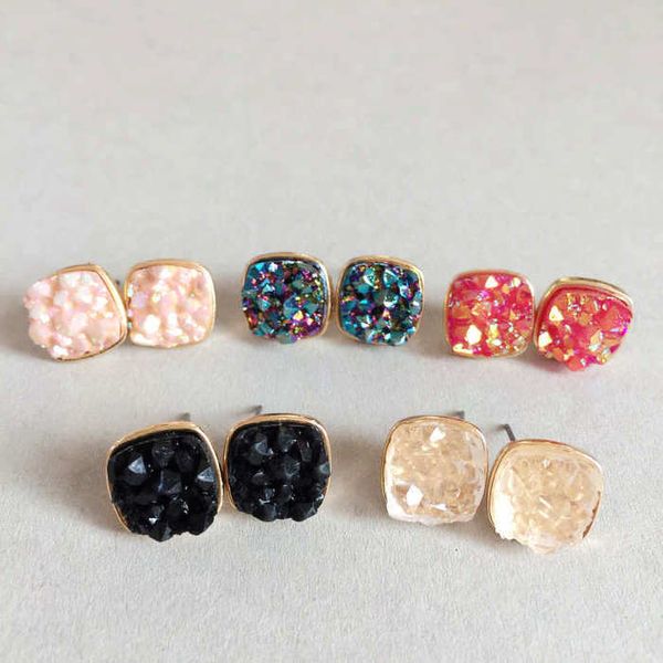 

new druzy stud earrings for women geometric square rhinestone sparkle earring female fashion jewelry in bulk, Golden;silver