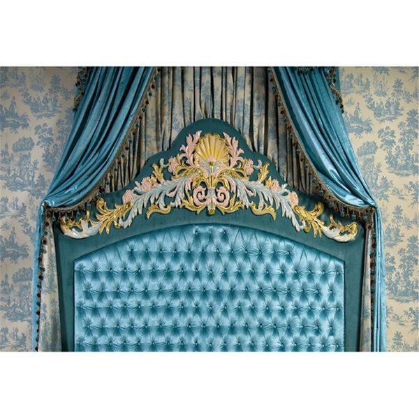 7x5ft барокко хохолком изголовье кровати фото фон синий занавес крытый номер обои студия стенд реквизит свадебный фон фотография