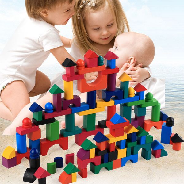112 pçs / set colorido pintura de água blocos de construção de madeira tijolos de quebra-cabeça crianças crianças educação precoce inteligência brinquedos jogos