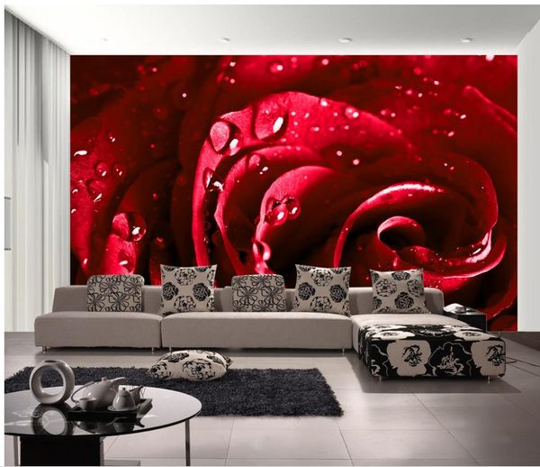 

customize size modern beautiful red water drops roses tv background wall