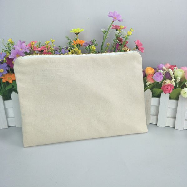 Cremefarbene Make-up-Tasche aus natürlichem Baumwoll-Canvas mit goldenem Reißverschluss, 710-Zoll-Reißverschlusstasche, kostenloser Versand per DHL direkt ab Werk, dicke Kosmetiktasche aus Canvas