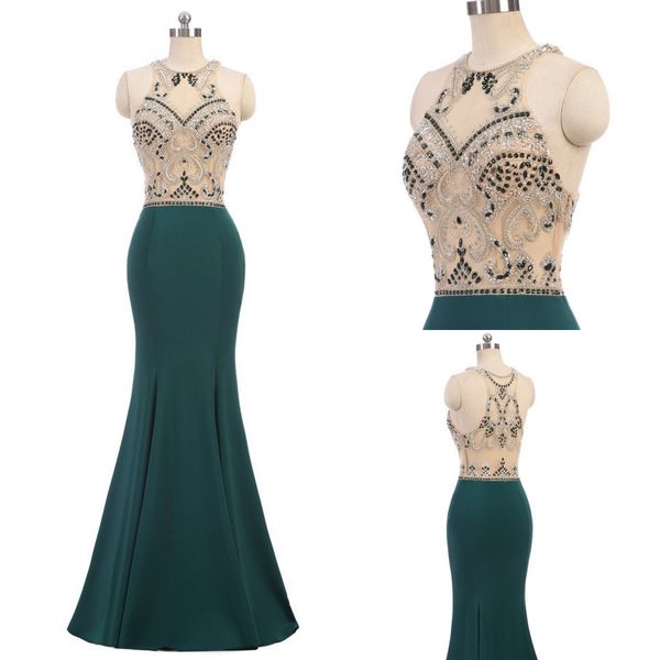 

2020 real hunter green dresses evening wear crystal beading jewel sleeveless mermaid formal plus size prom dresses long