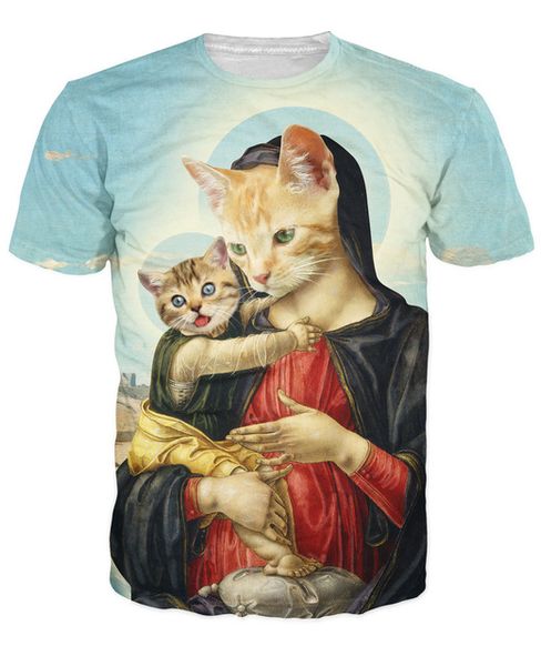 

wholesale-holy mother and kitten t-shir renaissance period art and cats vibrant tees summer style t shirt for women men, White