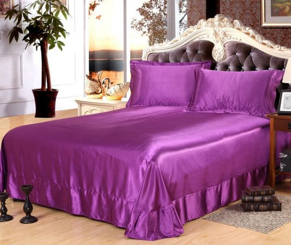 Silk Sheets Purple Bedding Set Satin Flat Fitted Bed Sheet