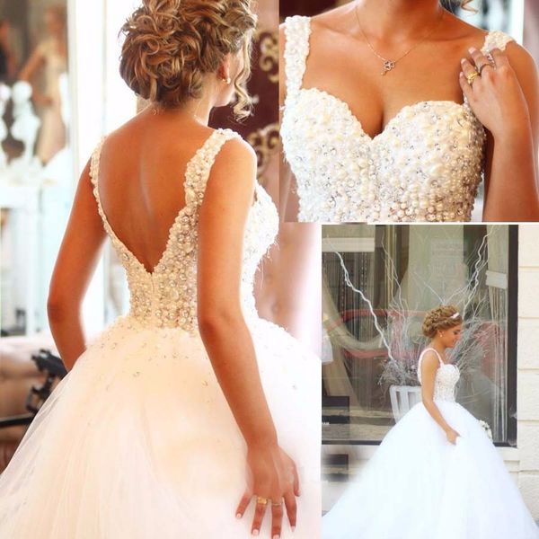 

2019 свадебные платья бальное платье из бисера pearl кристалл ремни backless тюль китай платье de noiva princesa суд поезд robe de mariée, White