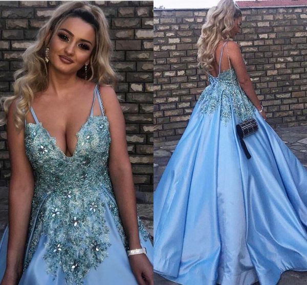 

plus size ball gown prom dresses deep v neck spaghtti straps appliques crystal beaded satin blue backless evening dresses formal gowns, Black