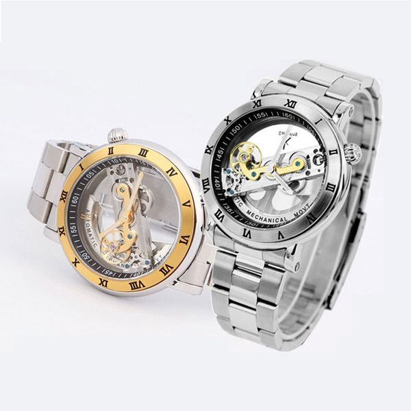 

ik colouring 98399g-s automatic mechanical watches mens double hollow men waterproof watch, Slivery;brown