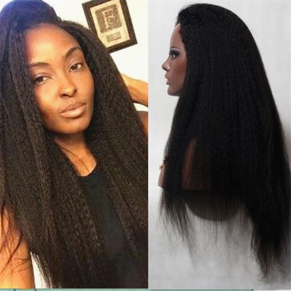 

8a brazilian kinky straight human hair glueless full lace wigs front lace wigs italian coarse yaki wigs 150% density for black women, Black;brown