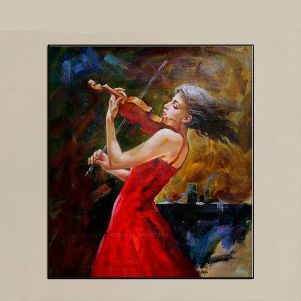 

the girl play the violin in red,pure hand painted modern abstract home decor art oil painting on thick canvas.multi size ab014