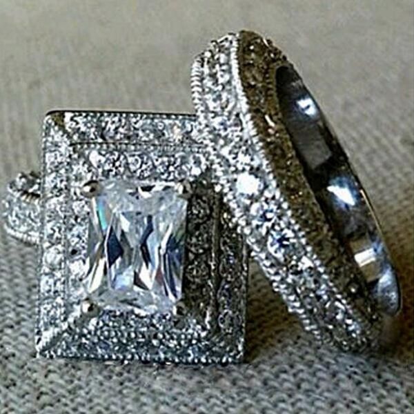 

wholesale vintage 10kt white gold filled simulated diamond cz stone 2-in-1 carving craft wedding triple ring set jewelry for women, Silver