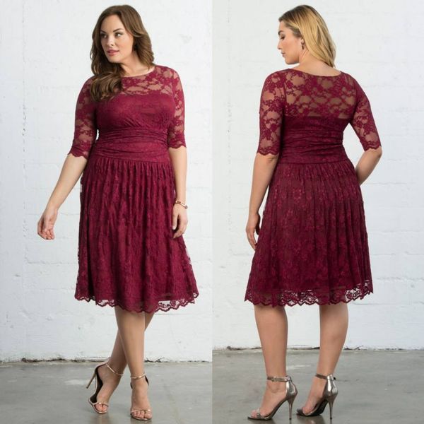 

burgundy lace country bridesmaids dresses with half sleeves sheer bateau neck wedding guest dress a-line knee length maid of honor gowns, White;pink