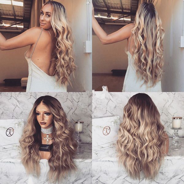 

#1bt#18 dark ash blonde color dark roots brazilian remy human hair full lace wig ombre ash blonde body wavy human hair wigs, Black;brown