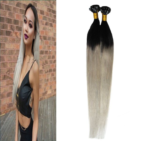 T1B / grigio 100g argento ombre capelli umani remy indiani pre incollati u-tip 100s 4B 4C grigio ombre capelli umani cheratina stick punta estensioni dei capelli