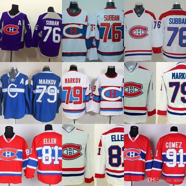

factory outlet men's montréal canadiens #76 subban #79 andrei markov #81 eller #91 gomez blue purple red white hockey jerseys, Black;red