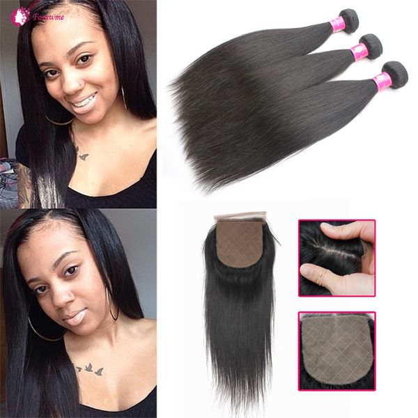 Cabelo humano virgem brasileiro tecer 3 pacotes com fechamento de seda 1B trama de cabelo liso liso com fechos de base de seda para mulheres negras