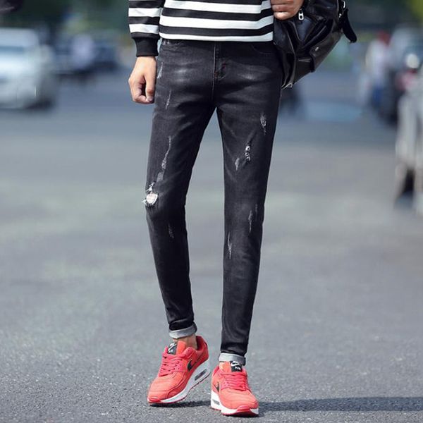 

wholesale-autumn winter jeans men ripped distressed jeans for man slim casual black pencil pants popular male motorcyce mens stretch jeans, Blue
