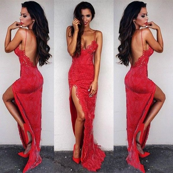 

Sexy Red Lace 2017 Пром платья русалка спагетти ремни Sexy Backless фронт Сплит длина пола вечерние платья арабский BA2871