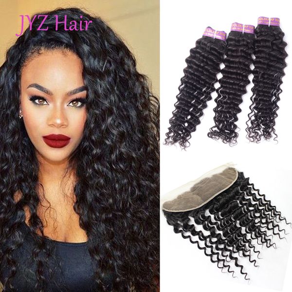 

peruvian human hair deep wave 3 bundles with 13x4 lace frontal human hair extensions wefts with closure lace frontal unprocessed virgin hair, Black;brown