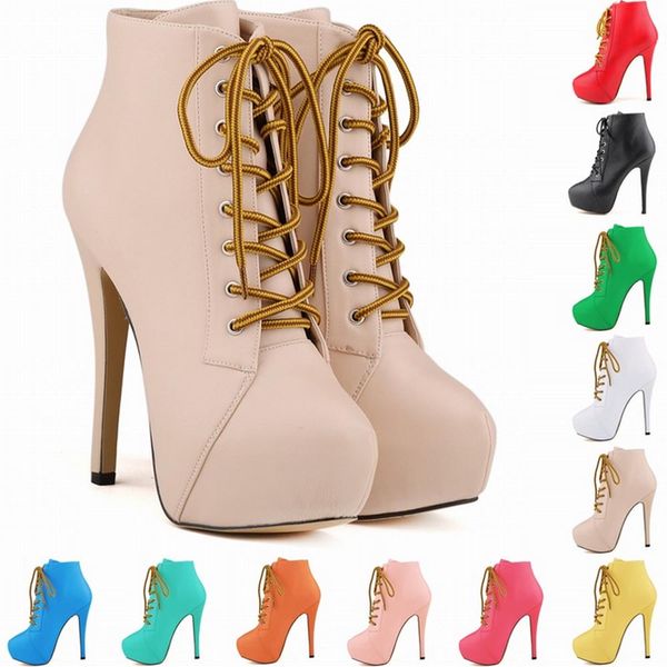 

10 colors patent new arrived nightclub high heels lace-up platform stiletto ankle boots pu shoes faux leather us size 4-11 d0023, Black