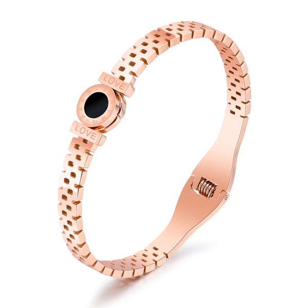 

women stainless steel zircon cuff bangle rose gold roman numerals spring open-ended bangles bracelets fashion jewelry anniversary xmas gifts, Black