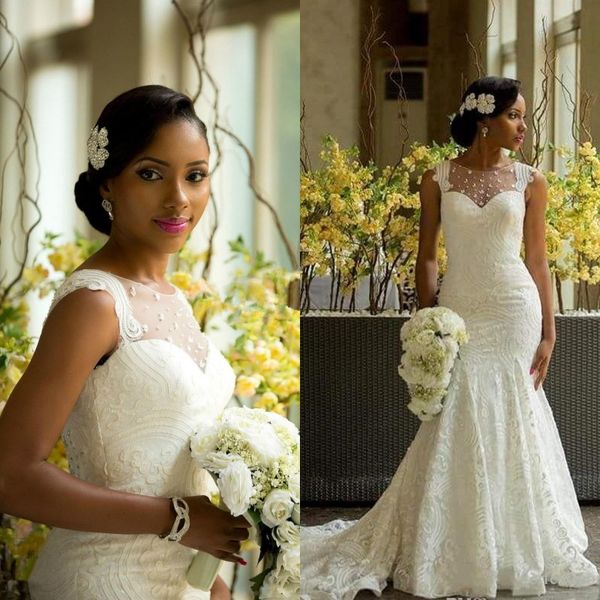 

Amazing African Style Lace Wedding Dresses 2017 Modest Sheer Neck Back Covered Buttons Bridal Gowns Plus Size Sweep Train Newest