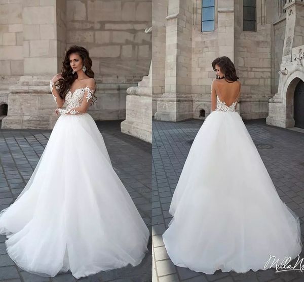 

custom lace backless wedding dresses 2018 with long sleeves sheer crew neck sweep train a line wedding bridal gowns, White