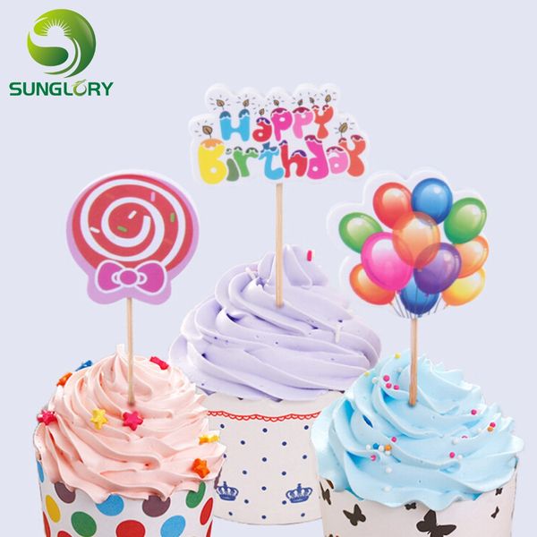 

wholesale-12pcs/set cake ers happy birthday cake decoration card for wedding party cupcake decorating insert cards with toothpicks
