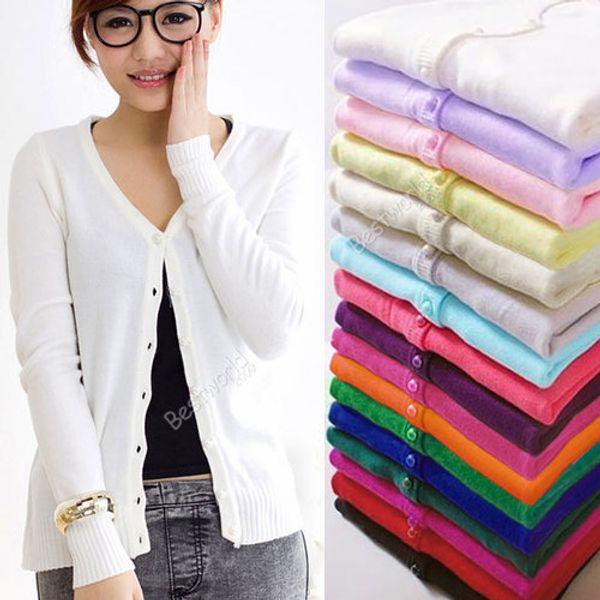 

wholesale-2016 new autumn winter women ladies knitted jacket cardigan feminino outwear casual long sleeve sweater 17 colors z1, White;black