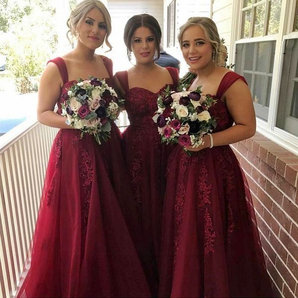 

elegant burgundy long bridesmaid dresses fashion square neck applique sleeveless wedding party dresses 2017 tulle evening prom dresses, Blue;red
