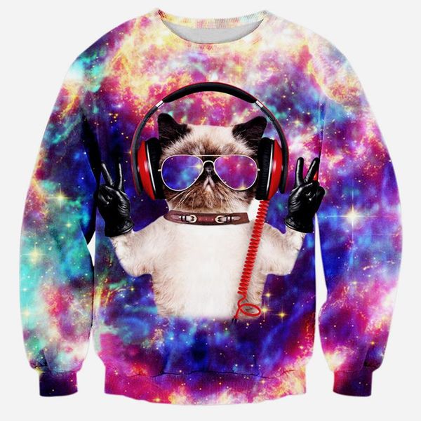 

wholesale-raisevern 2016 new galaxy space dj cat print 3d sweatshirts amazing design casual hoodies sweat shirts for men women, Black