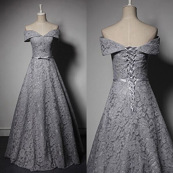

2020 grey lace formal evening gowns off shoulder a line lace up evening party prom dresses
