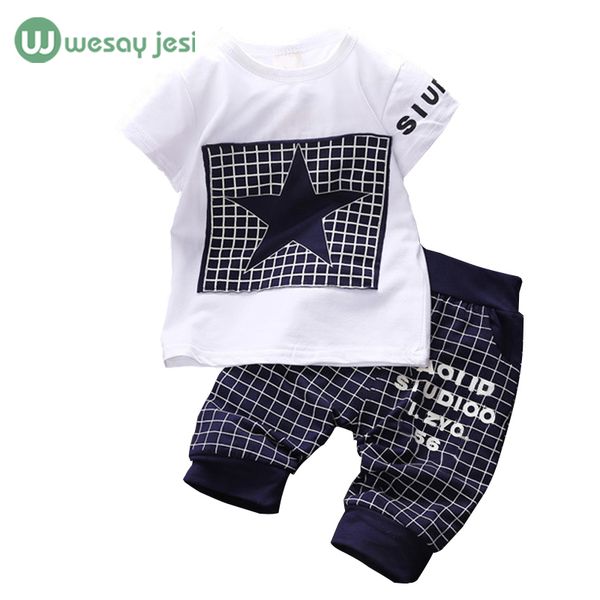 

wholesale- baby boy clothes 2017 brand summer kids clothes sets t-shirt+pants suit clothing set star printed clothes newborn sport suits, White