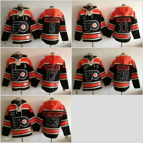 

2017 Philadelphia Flyers Hockey Hoodies 11 Travis Konecny #17 Wayne Simmonds #53 Shayne Gostisbehere #28 claude giroux 9 Ivan Provorov Black