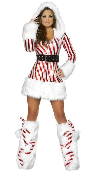 Boa qualidade natal hoodies vestido branco listras vermelhas estilo sexy quente carnaval festa mostrar traje feminino magro cosplay para adulto