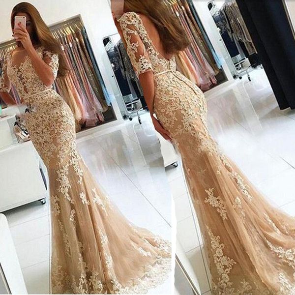 

lace open-back half-sleeves mermaid champagne prom dresses sheer v-neck evening dress vestidos de fiesta cortos 2019, Black