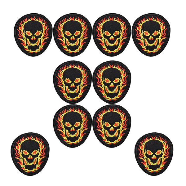 10 Stück Punk-Feuerschädel-Abzeichen, coole Patches für Kleidung, gestickter Aufnäher, Applikation, zum Aufbügeln, Nähzubehör, DIY