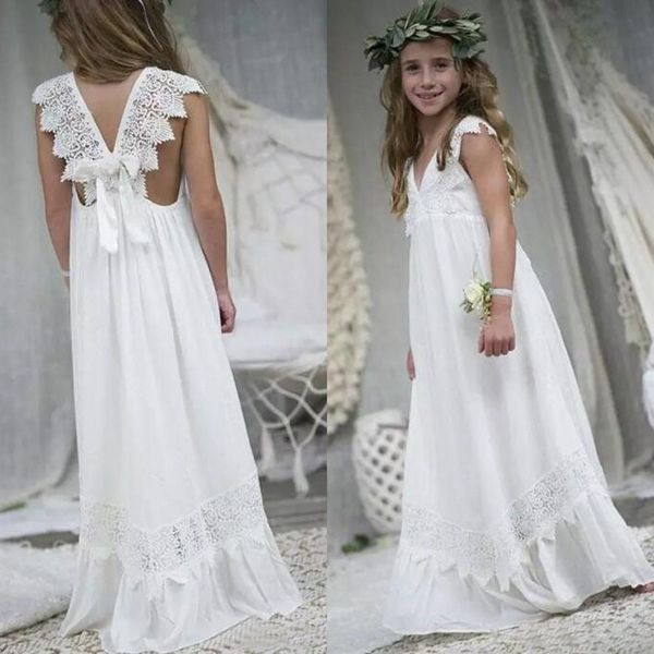 Acheter Nouveautés 2019 Plage De Mariage De Bohème Fleur Fille Robe Pas Cher Col En V Blanc Mousseline De Soie Dentelle Filles Robe De Mariage Formel