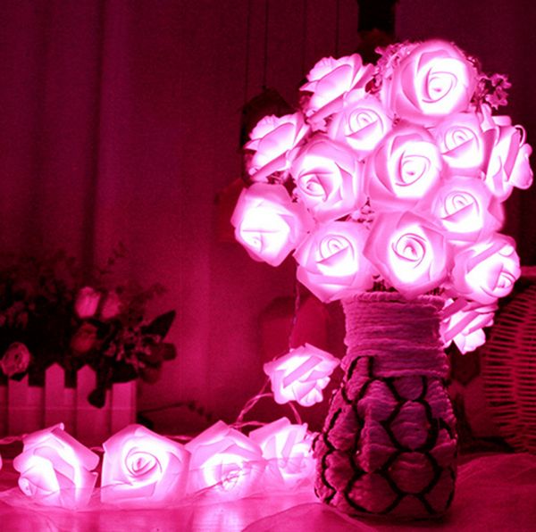 Atacado- romântico 20 LED Iluminação Rose Flower String Luzes Fadas de Fada Casa Decoração Jardim Decoração Festa de Casamento Decoração Artificial Plantas