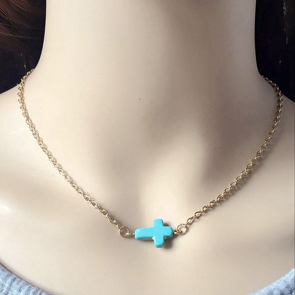 

fashion christian jewelry gemstone rock crystal quartz chakra turquoise jesus cross charm pendant choker necklace, Silver