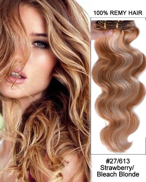 

elibess 7pcs/set clip in human hair wavy remy european clip in hair extensions clips in human hair extensions 150g colore 27/613 mixed, Black