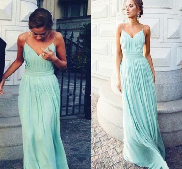 

2017 new green flowy chiffon a line bridesmaid dresses spaghtti straps full length ruffles wrinkle plus size maid of honor party prom gowns, White;pink
