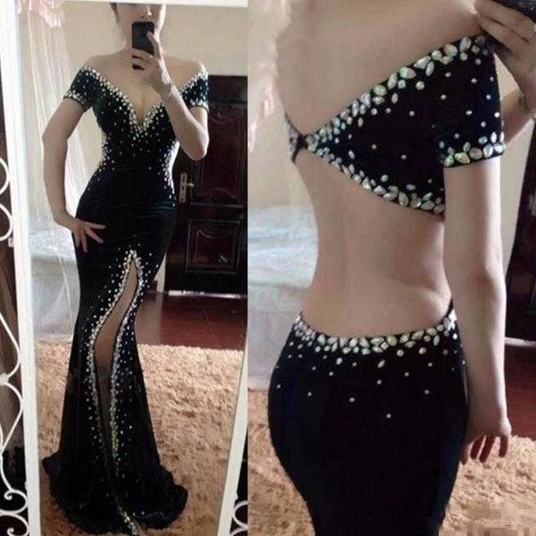 

split evening dresses crystal black party gowns backless off the shoulder celebrity dress beaded prom dresses red carpet dress, Black;red