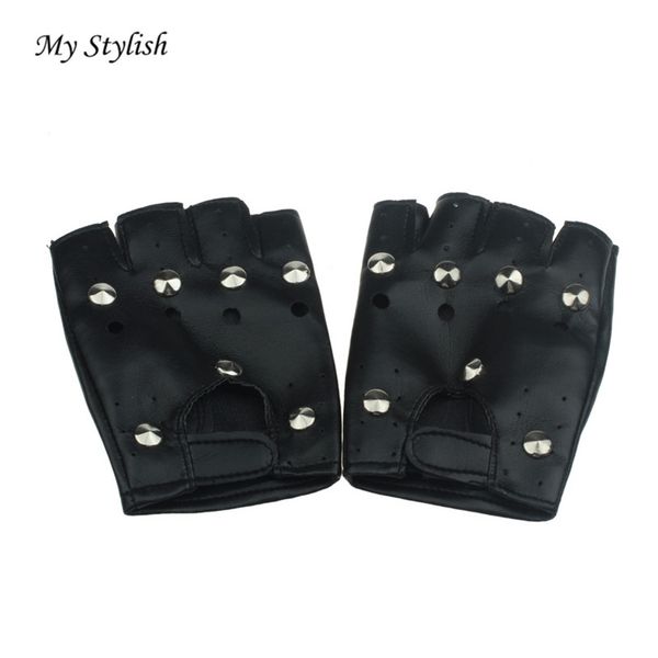 

wholesale- theatrical punk hip-hop pu black half-finger leather gloves round nail stylish nov 18, Blue;gray