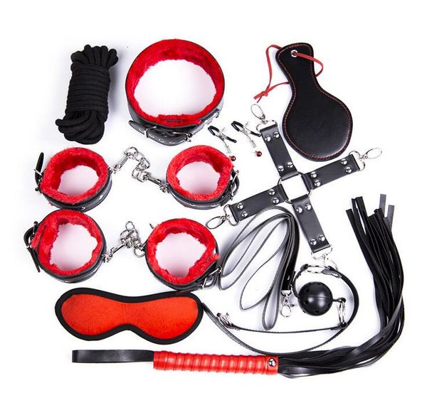 

pu good black/red set toys collar bat gag blindfolded anklets bondage 8/10-in-1 handcuffs sm game kit whip cloqd