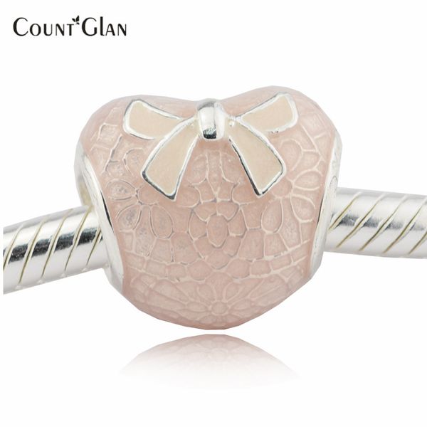

fits pandora bracelets pink bow &lace heart silver beads soft pink enamel 2017 100% 925 sterling silver charms diy jewelry 497, Bronze;silver