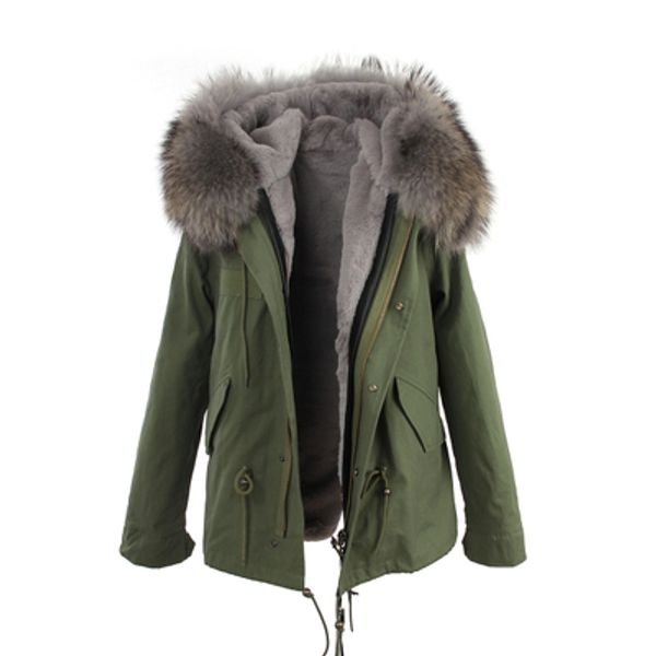 

jazzevar grey fur trim 100% rabbit fur lining army mini canvas parkas fur jackets winter snow coats as mrs style, Black